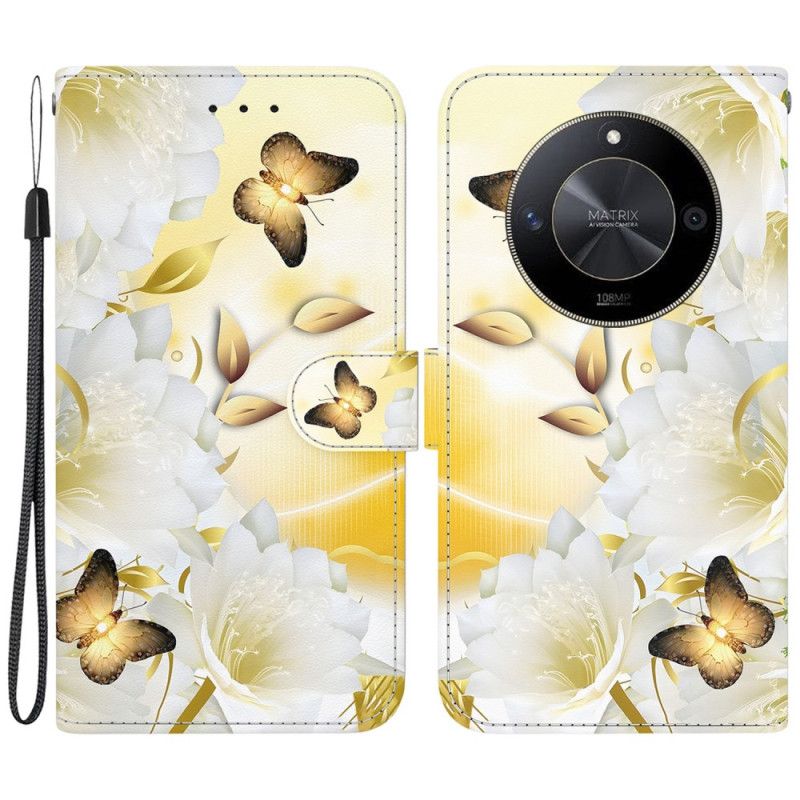 Kotelot Honor X9b / Magic 6 Lite Kultaisia Perhosia Ja Valkoisia Kukkia Hihnalla
