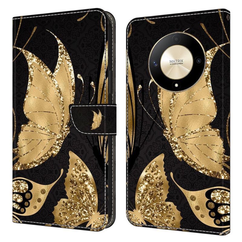 Kotelot Honor X9b / Magic 6 Lite Kultaisia Perhosia Mustalla Taustalla