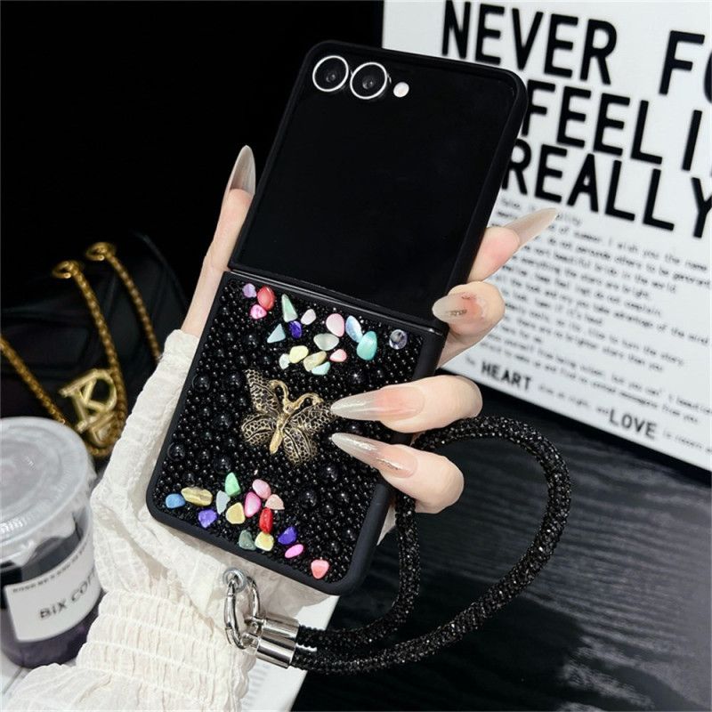 Kuori Samsung Galaxy Z Flip 7 Kimaltava Kuviointi Ja Rannehihna Suojakuori