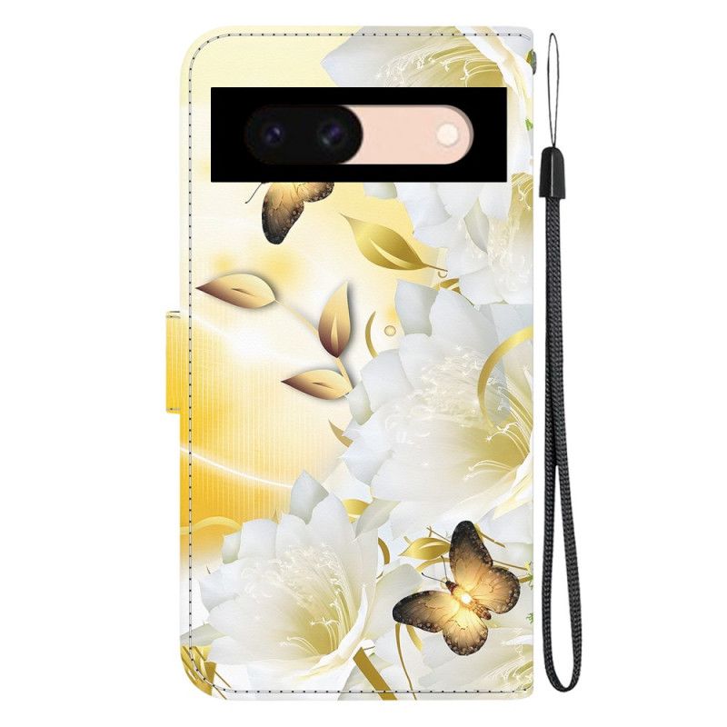 Kotelot Google Pixel 8a Puhelinkuoret Kultaisia Perhosia Ja Valkoisia Kukkia Hihnalla