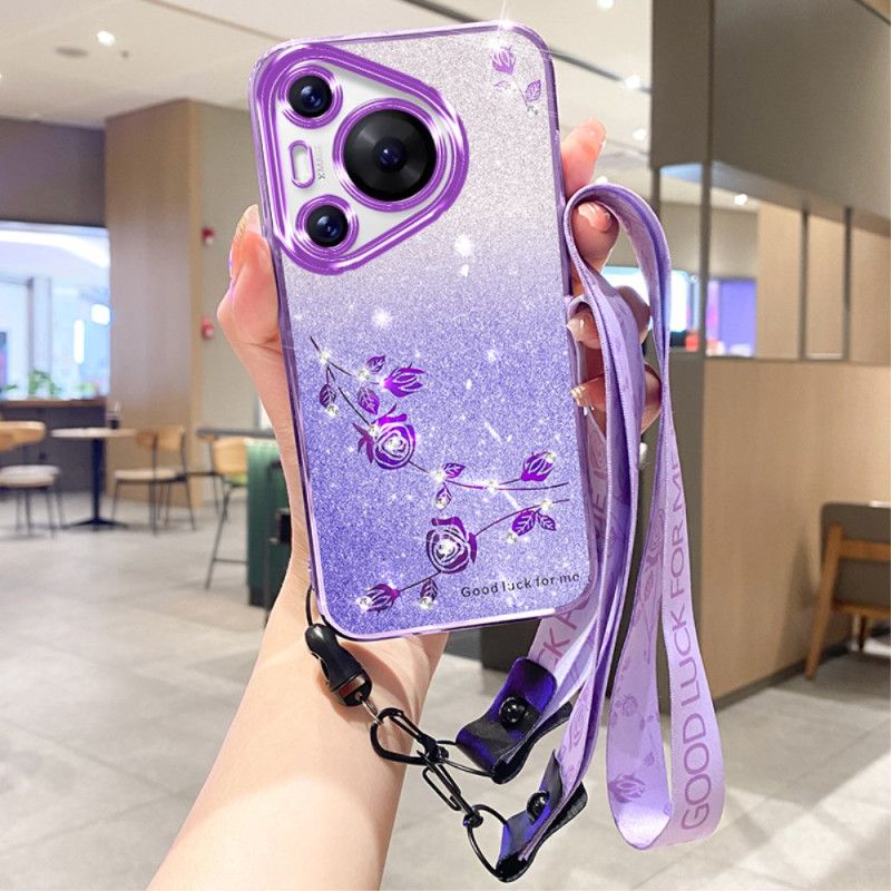 Kuori Huawei Pura 70 Pro Kukkia Ja Tekojalokiviä Kaulanauhalla