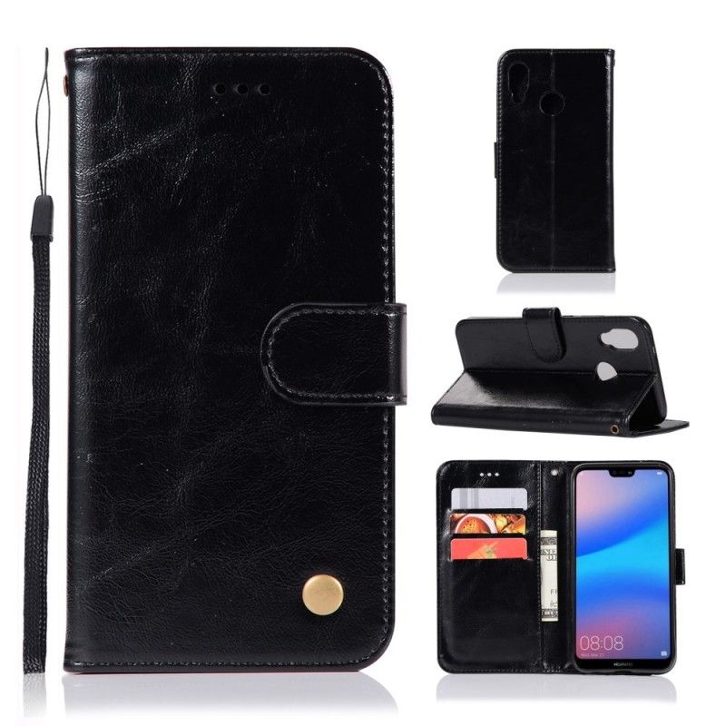 Nahkakotelo Huawei P20 Lite Harmaa Musta Puhelinkuoret Vintage Nahkaefekti Hihnalla