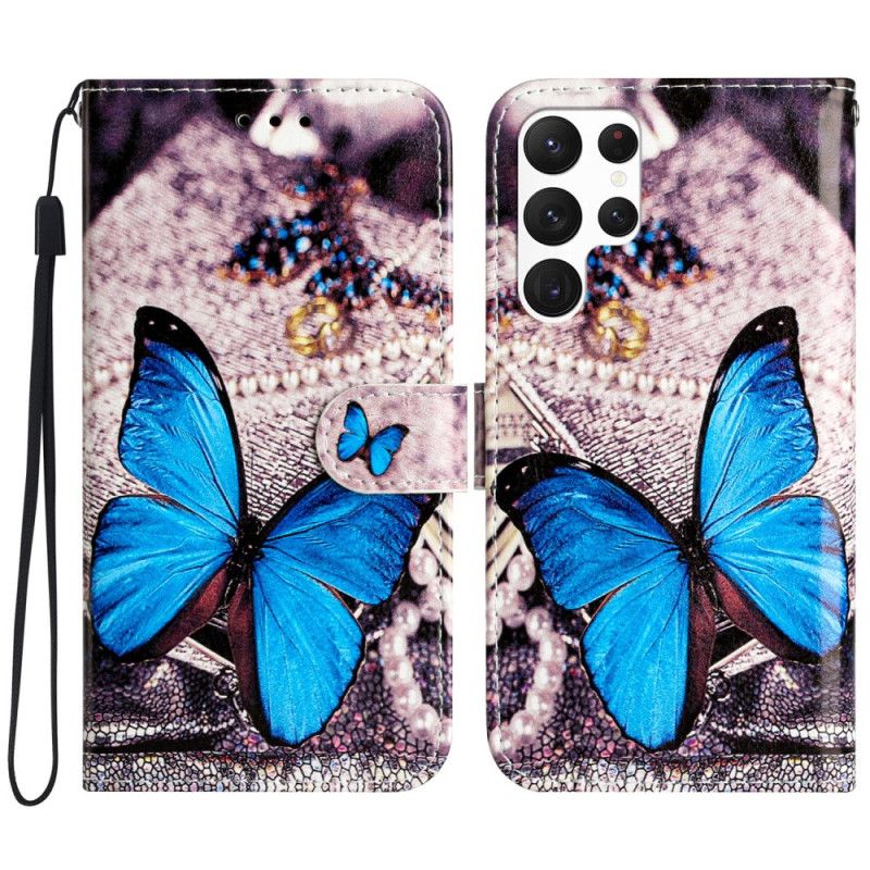 Kotelot Samsung Galaxy S24 Ultra 5g Sininen Perhonen Hihnalla