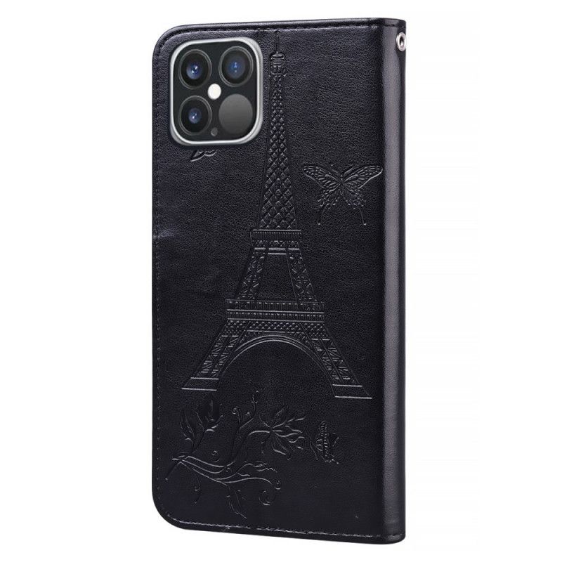 Nahkakotelo iPhone 12 Pro Max Oranssi Musta Puhelinkuoret Eiffel-Tornin Nahkatyyli