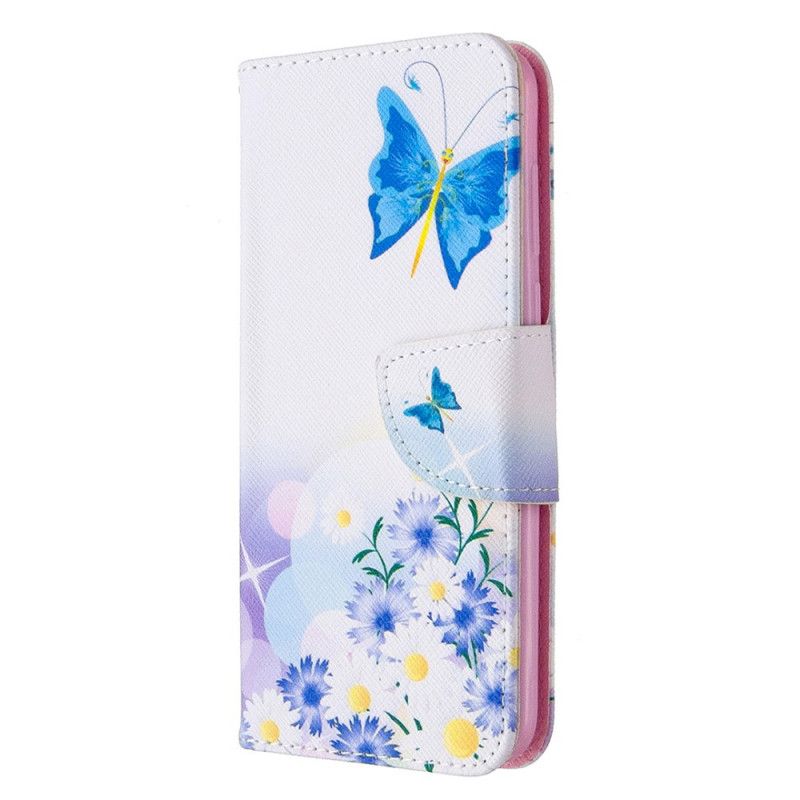 Kotelot Huawei Y5p Vaaleansininen Magenta Maalatut Perhoset Ja Kukat Suojakuori
