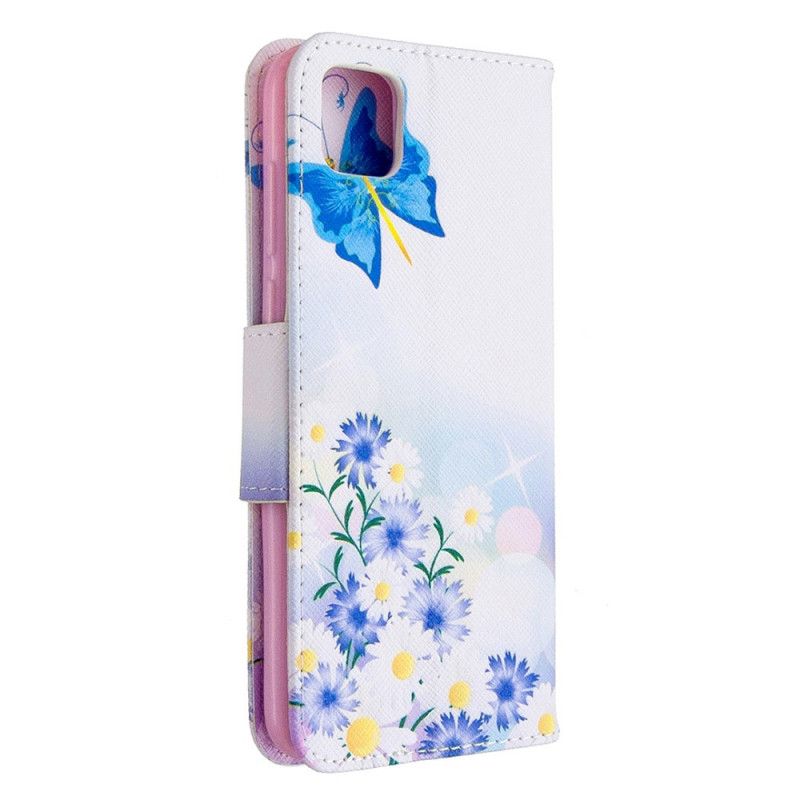 Kotelot Huawei Y5p Vaaleansininen Magenta Maalatut Perhoset Ja Kukat Suojakuori