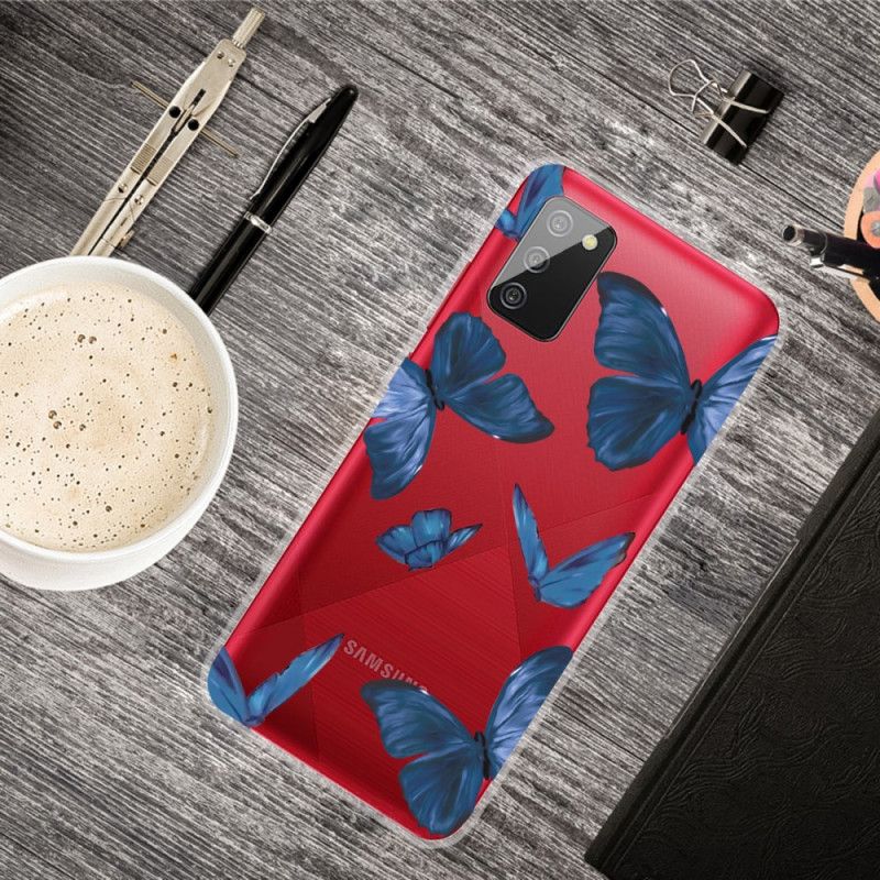 Kuori Samsung Galaxy A02s Tummansininen Vaaleanpunainen Villi Perhosia Suojakuori