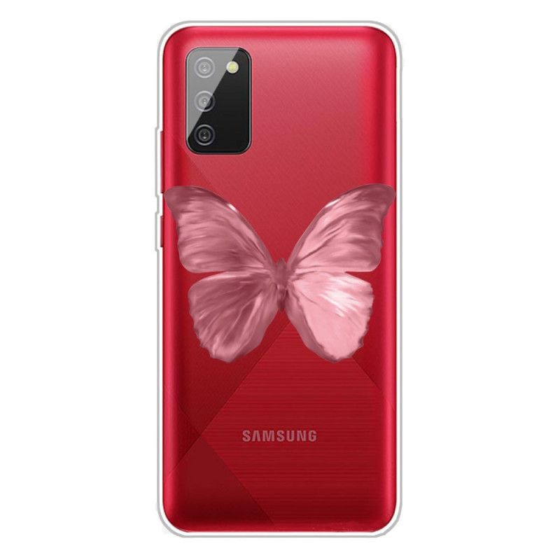 Kuori Samsung Galaxy A02s Tummansininen Vaaleanpunainen Villi Perhosia Suojakuori