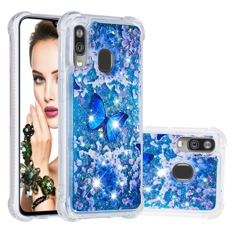 Kuori Samsung Galaxy A40 Siniset Kimaltelevat Perhoset Suojakuori