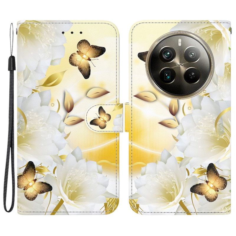 Kotelot Realme 12 Pro / 12 Pro Plus Kultaisia Perhosia Ja Kukkia Hihnalla