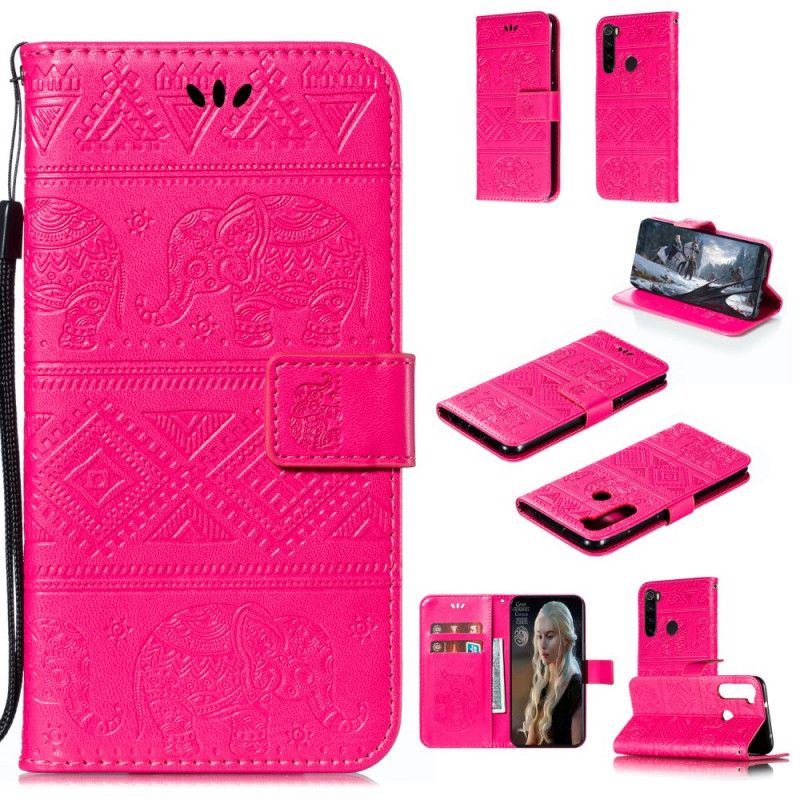 Flip Case Xiaomi Redmi Note 8 Tummansininen Magenta Tekonahkaa Heimojen Elefantteja