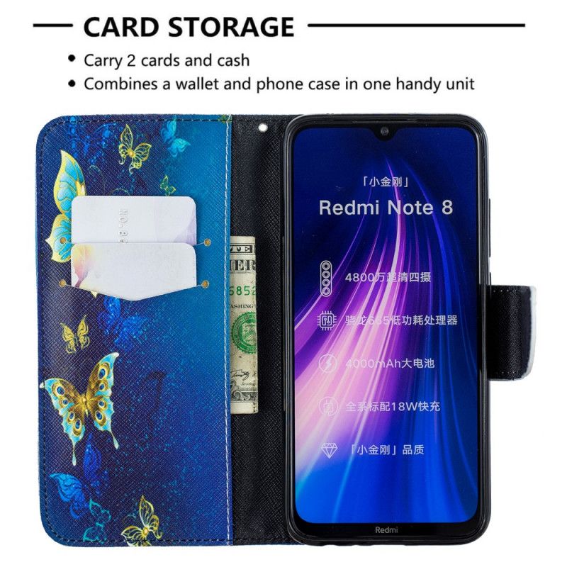 Nahkakotelo Xiaomi Redmi Note 8 Kulta Magenta Puhelinkuoret Uskomattomat Perhoset