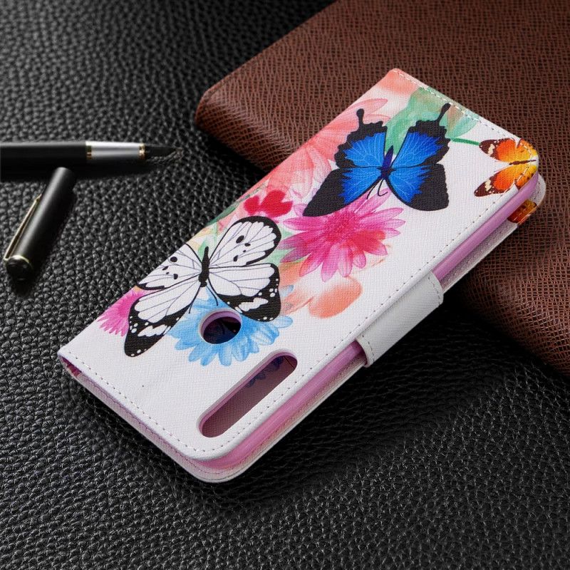 Kotelot Huawei P40 Lite E / Y7p Vaaleansininen Magenta Maalatut Perhoset Ja Kukat