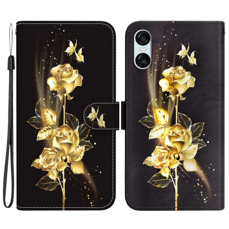 Nahkakotelo Sony Xperia 10 Vi Kultaiset Ja Vaaleanpunaiset Perhoset Hihnalla