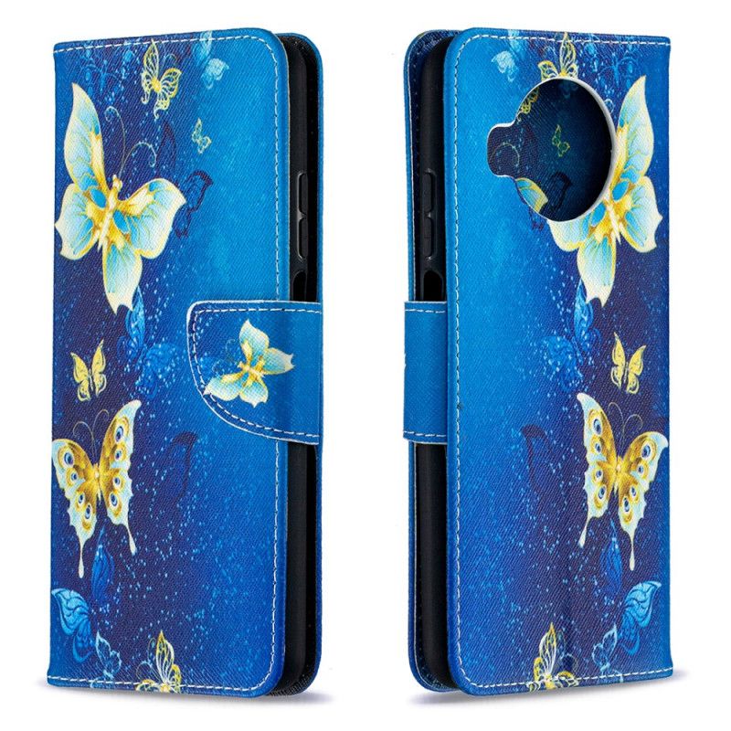 Kotelot Xiaomi Mi 10T Lite 5G / Redmi Note 9 Pro 5G Vaaleansininen Tummansininen Kultaiset Perhoset Suojakuori