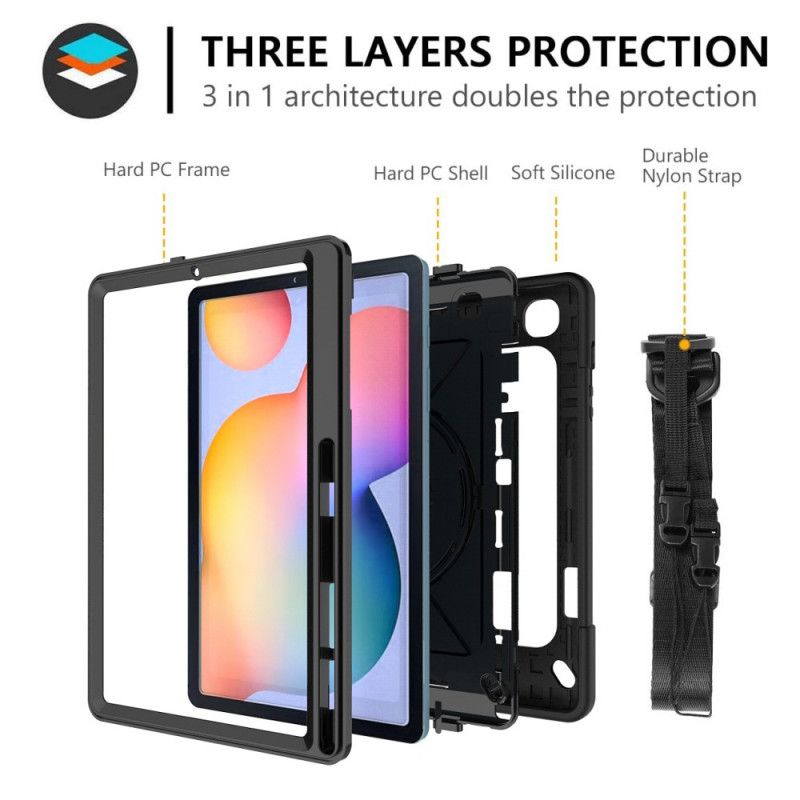 Kuori Samsung Galaxy Tab S6 Lite Punainen Musta Hihna Ja Olkahihna Suojakuori