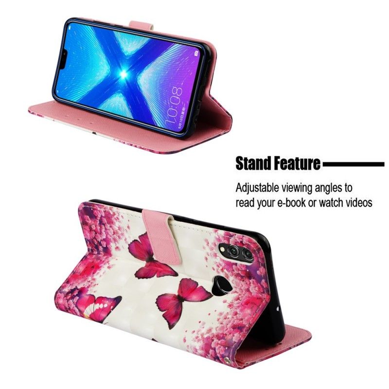 Nahkakotelo Honor 8X Puhelinkuoret 3D Punaisia Perhosia