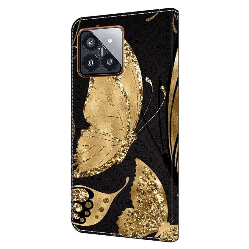 Nahkakotelo Xiaomi 14 Pro Kultainen Perhonen