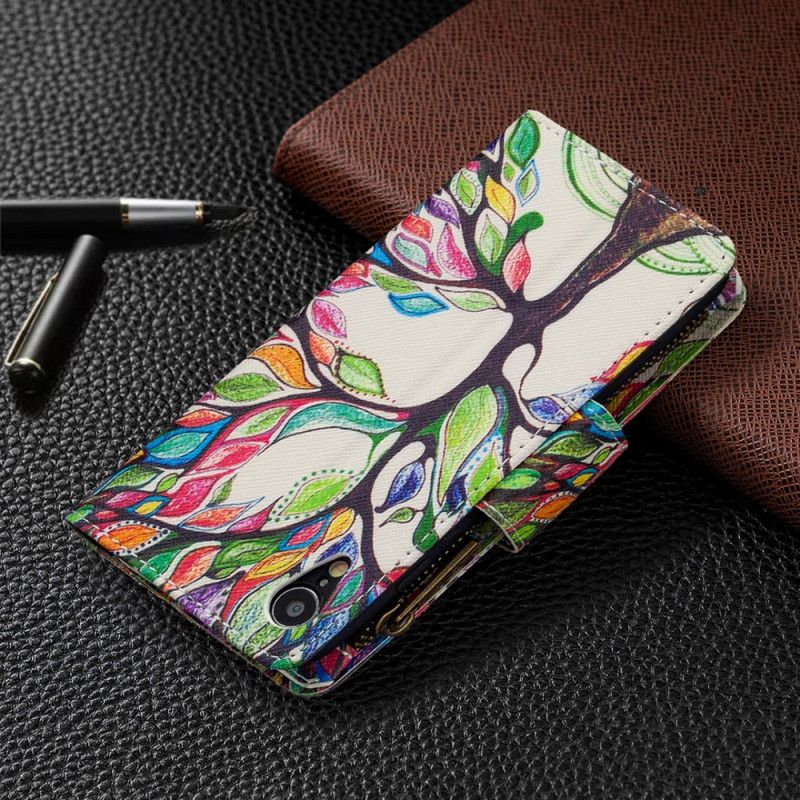 Suojakuori iPhone XR Vaaleansininen Valkoinen Puu Vetoketjullinen Tasku