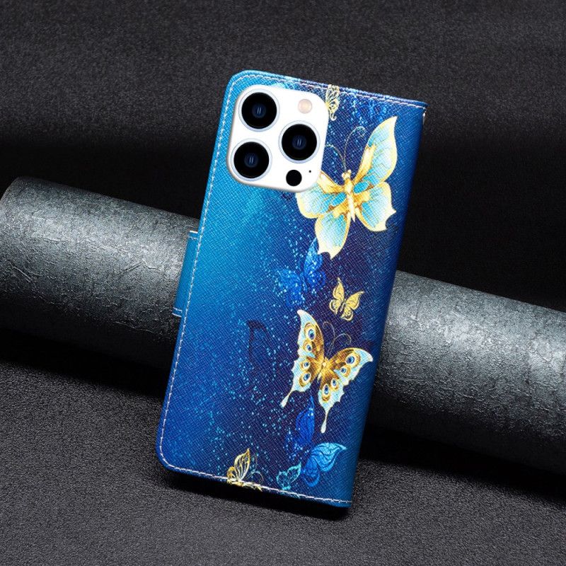 Nahkakotelo iPhone 16 Pro Max Kultaisia Perhosia