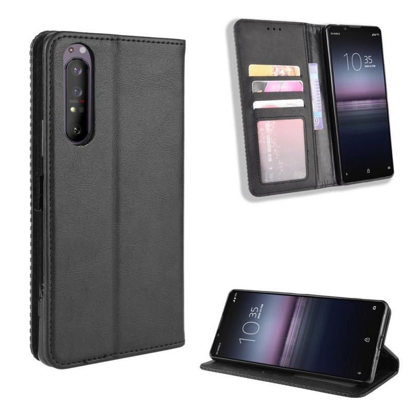 Flip Kotelot Sony Xperia 1 II Punainen Musta Tyylitelty Vintage-Nahkaefekti Suojakuori