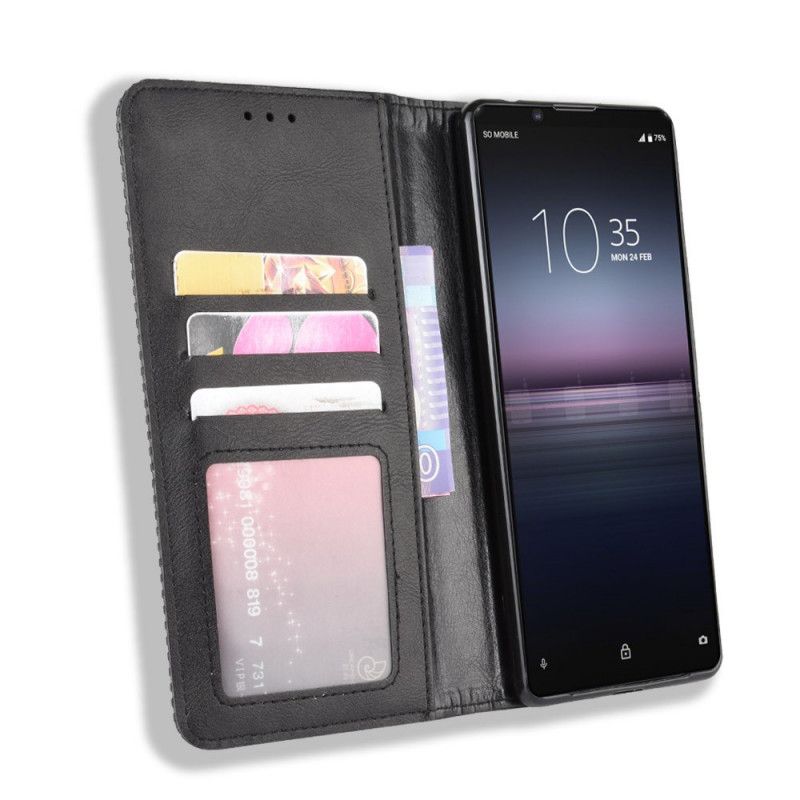 Flip Kotelot Sony Xperia 1 II Punainen Musta Tyylitelty Vintage-Nahkaefekti Suojakuori