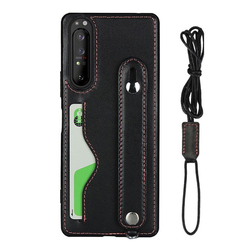 Kuori Sony Xperia 1 II Punainen Musta Aitoa Nahkaa Sisältävä Hihna Ja Kortin Pidike