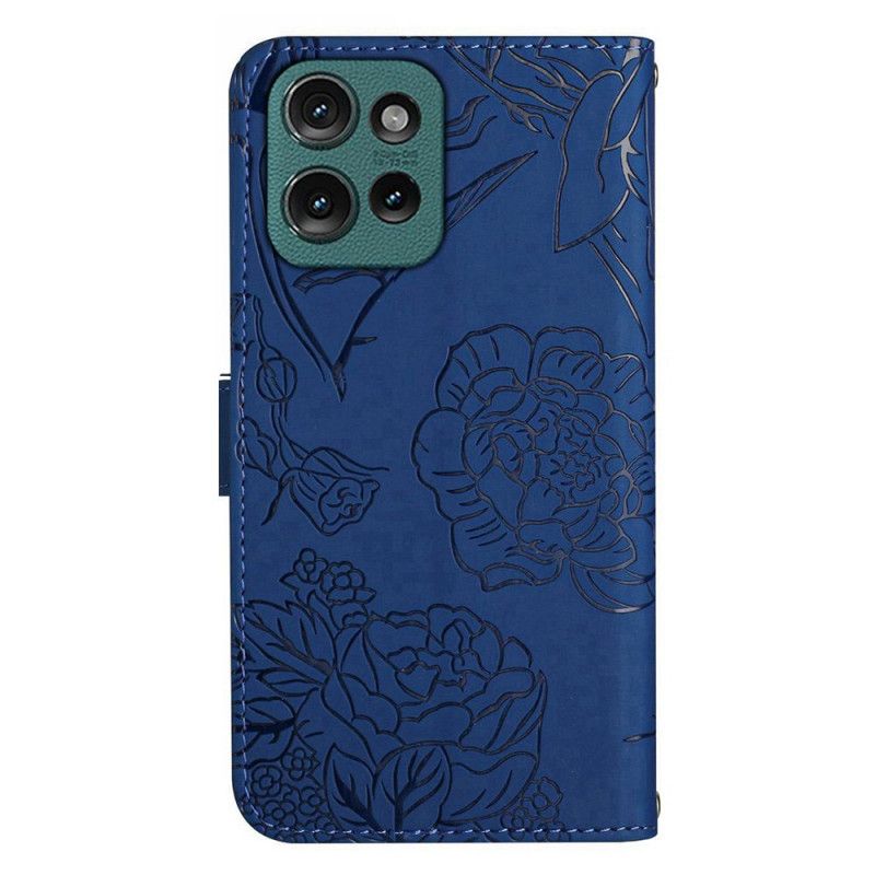 Nahkakotelo Motorola Edge 50 Neo Perhosen Painatus Hihnalla