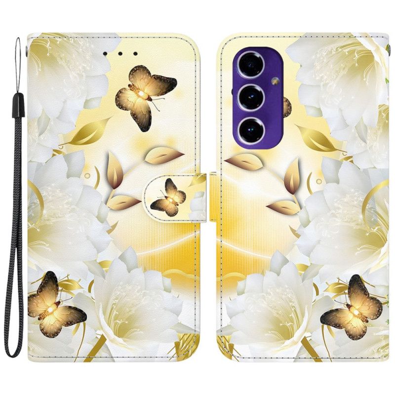 Kotelot Samsung Galaxy S24 Fe Kultaisia Perhosia Ja Valkoisia Kukkia
