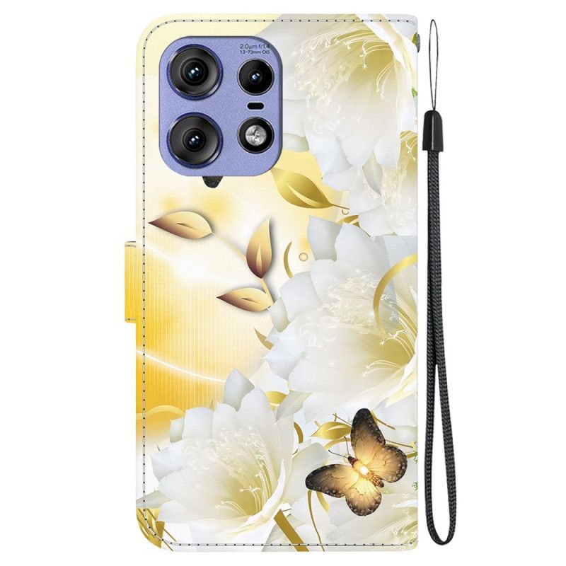 Kotelot Motorola Edge 50 Pro Kultaisia Perhosia Ja Valkoisia Kukkia Hihnalla