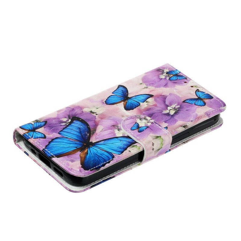 Flip Kotelot iPhone 13 Mini Sinisiä Perhosia Kukissa
