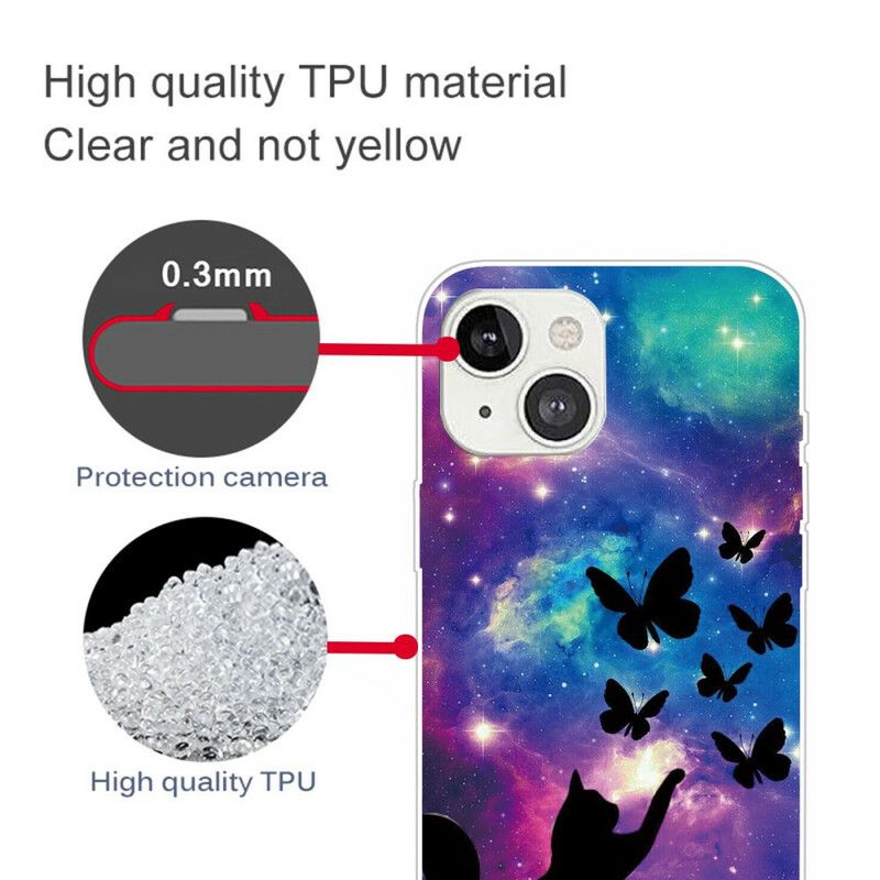 Kuori Case iPhone 13 Mini Puhelinkuoret Kissat Ja Perhoset Avaruudessa