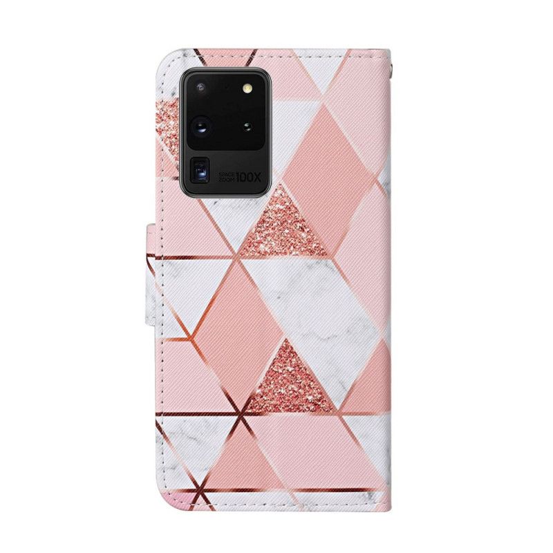 Flip Case Samsung Galaxy S20 Ultra Marmori Ja Paljetteja Hihnalla