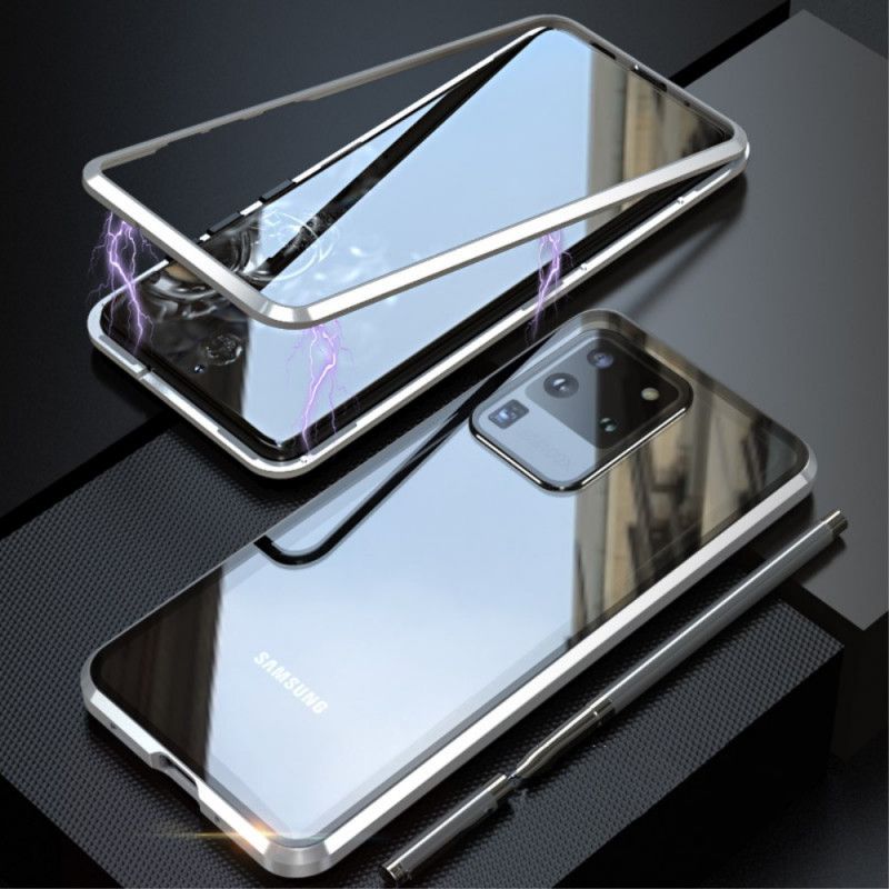 Kuori Samsung Galaxy S20 Ultra Punainen Musta Metallireunat Ja Karkaistu Lasi Suojakuori