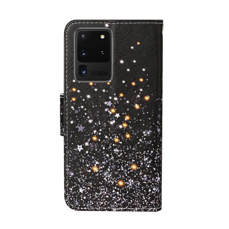 Nahkakotelo Samsung Galaxy S20 Ultra Puhelinkuoret Tähdet Ja Paljetteja Hihnalla