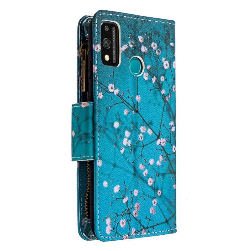 Nahkakotelo Honor 9X Lite Vaaleansininen Valkoinen Puhelinkuoret Puu Vetoketjullinen Tasku