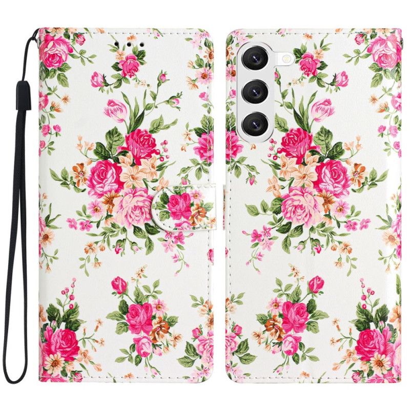 Nahkakotelo Samsung Galaxy S24 5g Punaiset Kukat Hihnalla