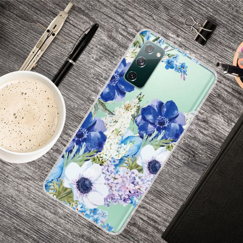 Kuori Samsung Galaxy S20 FE Läpinäkyvät Vesiväri Siniset Kukat Suojakuori