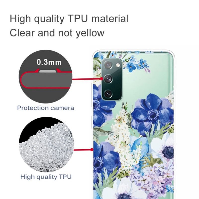 Kuori Samsung Galaxy S20 FE Läpinäkyvät Vesiväri Siniset Kukat Suojakuori