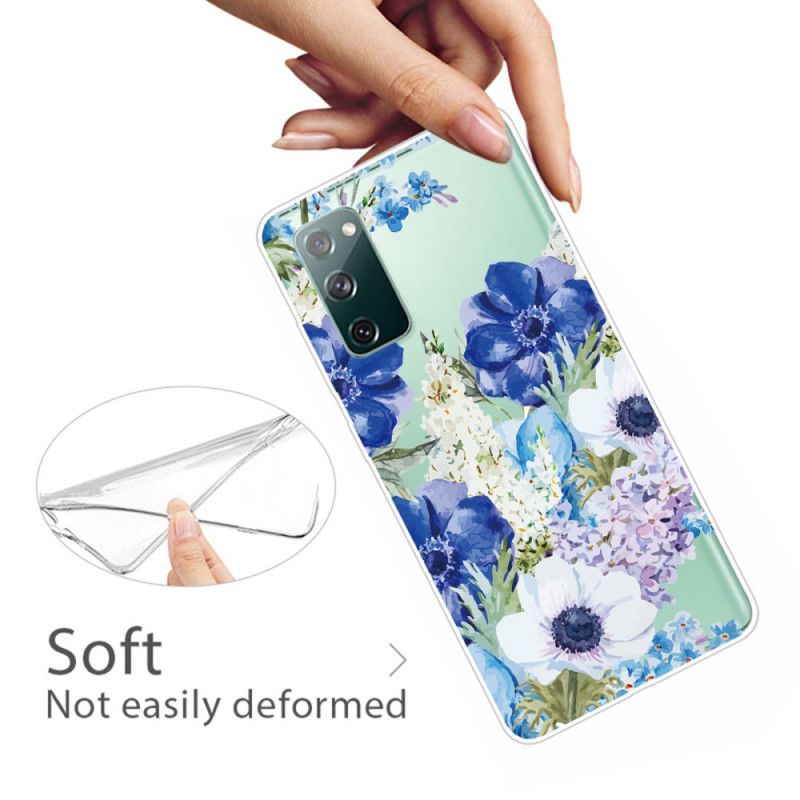 Kuori Samsung Galaxy S20 FE Läpinäkyvät Vesiväri Siniset Kukat Suojakuori