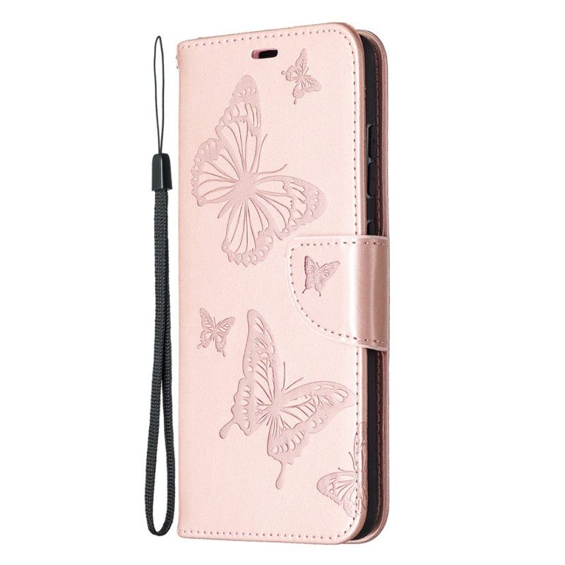 Nahkakotelo Samsung Galaxy S20 FE Magenta Harmaa Puhelinkuoret Perhosia Lennossa Tangan Kanssa