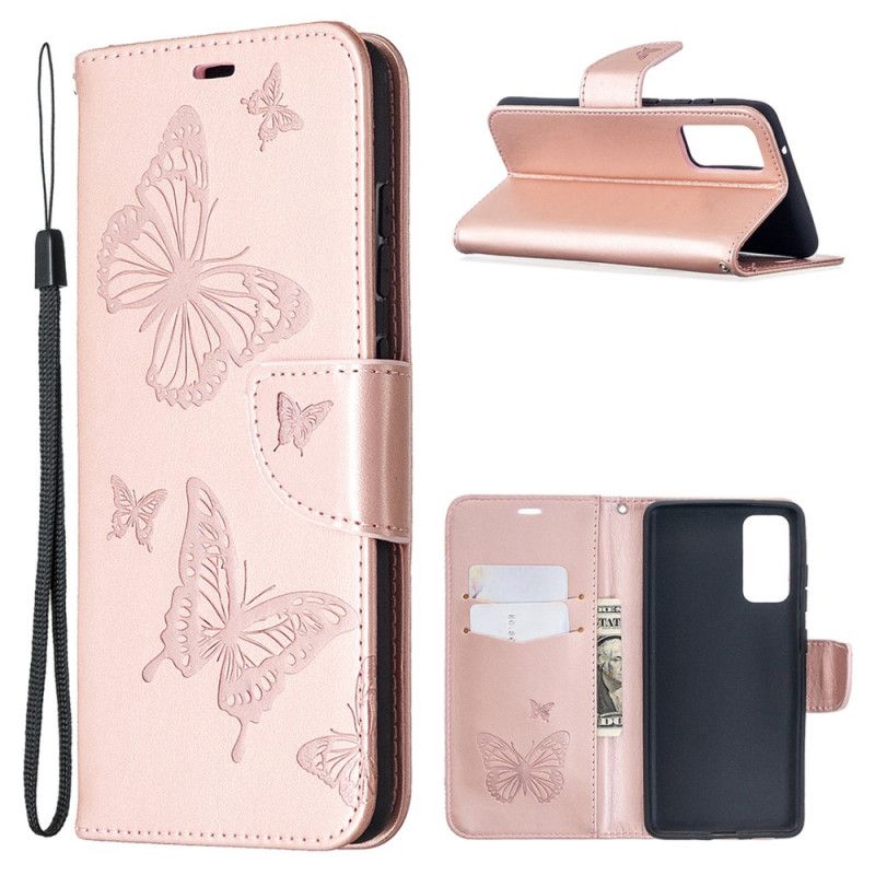 Nahkakotelo Samsung Galaxy S20 FE Magenta Harmaa Puhelinkuoret Perhosia Lennossa Tangan Kanssa