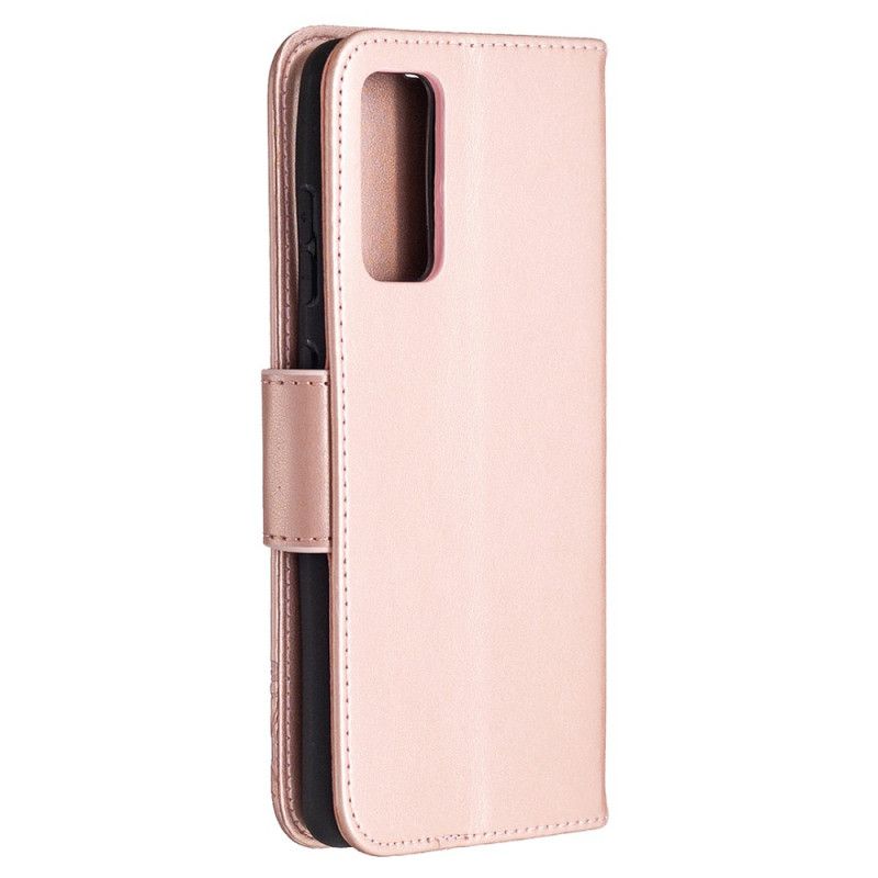 Nahkakotelo Samsung Galaxy S20 FE Magenta Harmaa Puhelinkuoret Perhosia Lennossa Tangan Kanssa