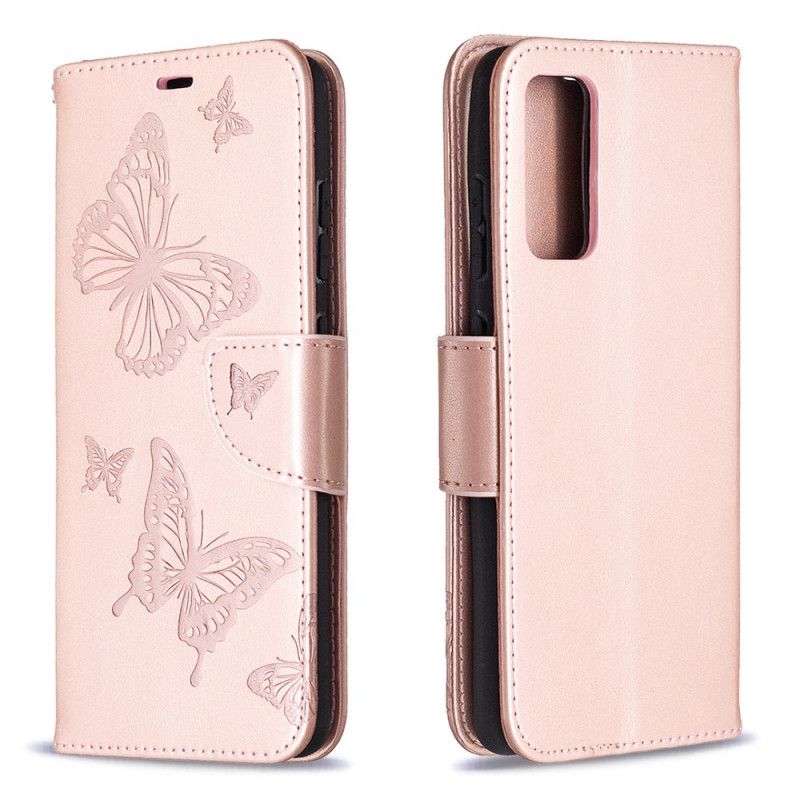 Nahkakotelo Samsung Galaxy S20 FE Magenta Harmaa Puhelinkuoret Perhosia Lennossa Tangan Kanssa
