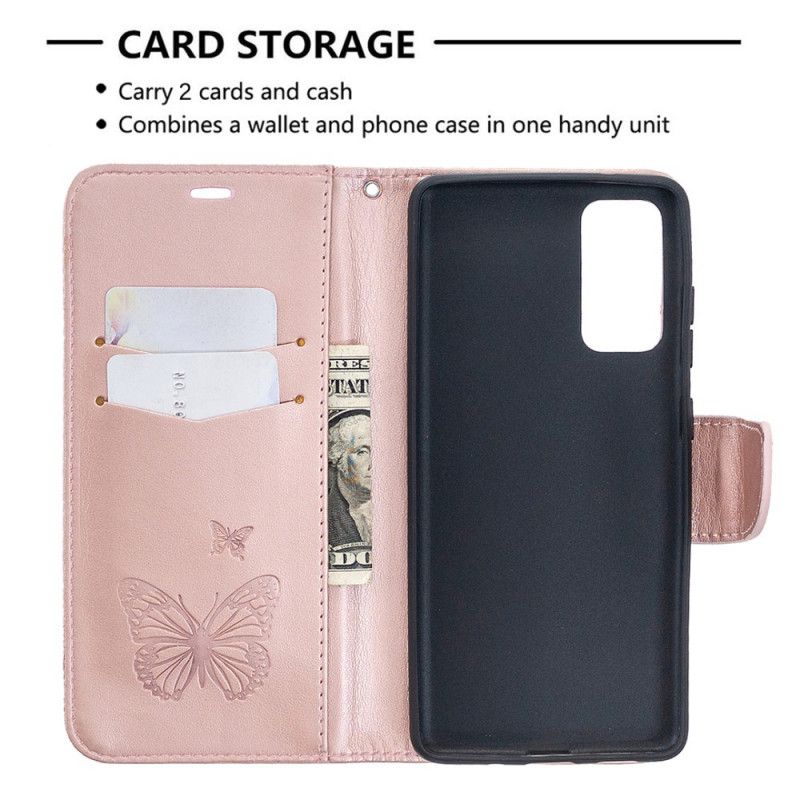 Nahkakotelo Samsung Galaxy S20 FE Magenta Harmaa Puhelinkuoret Perhosia Lennossa Tangan Kanssa