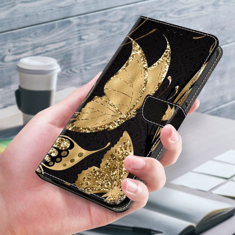 Nahkakotelo Samsung Galaxy A55 5g Kultainen Perhonen