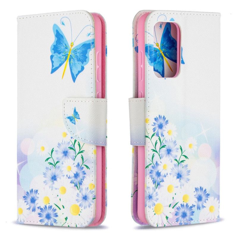 Flip Case Samsung Galaxy A52 4G / A52 5G Vaaleansininen Magenta Maalatut Perhoset Ja Kukat