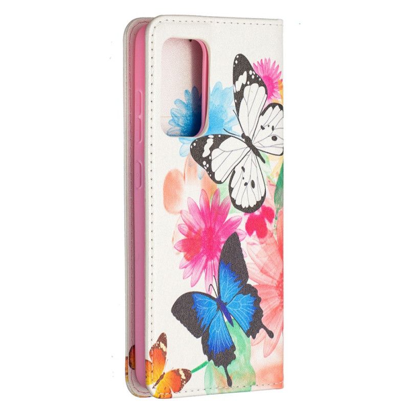 Flip Kotelot Samsung Galaxy A52 4G / A52 5G Vaaleansininen Valkoinen Puhelinkuoret Värikkäitä Perhosia