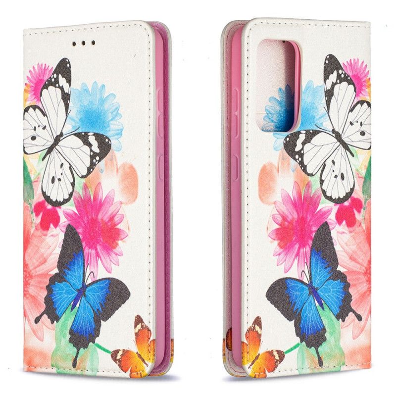 Flip Kotelot Samsung Galaxy A52 4G / A52 5G Vaaleansininen Valkoinen Puhelinkuoret Värikkäitä Perhosia