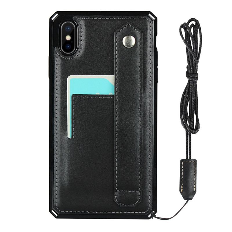Case Kuoret iPhone XS Max Punainen Musta Puhelinkuoret Aitoa Nahkaa Sisältävä Korttikotelon Hihna Ja Kaulanauha